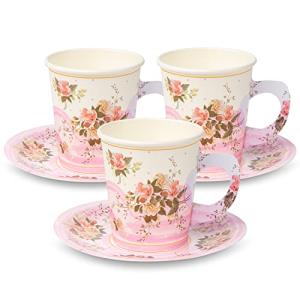 ROYAL BLUEBONNET Paper Tea Cup Set, 24 Disposable Teacups with Handles & Saucers, Floral Design for Hot & Cold Drinks, Tea Party Decorations, Tableware