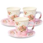 ROYAL BLUEBONNET Paper Tea Cup Set, 24 Disposable Teacups with Handles & Saucers, Floral Design for Hot & Cold Drinks, Tea Party Decorations, Tableware
