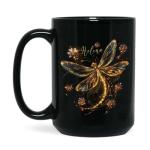 Personalized Glowing Dragonfly Black Mug, Nature Inspired Floral Design Cup, Customized Beautiful Dragonfly Coffee Mug, Gift For Nature Lovers, Custom Name Ceramic Mug 11oz Or 15oz