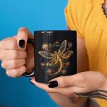 Personalized Glowing Dragonfly Black Mug, Nature Inspired Floral Design Cup, Customized Beautiful Dragonfly Coffee Mug, Gift For Nature Lovers, Custom Name Ceramic Mug 11oz Or 15oz