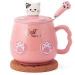 Bgbg Cute Cat Mug, Novelty Ceramic Coffee Tea Milk Cup with Lovely Kitty Lid, Kawaii Claw Spoon, Anime Coaster, Novelty Things Birthday Christmas Gift for Cat Lovers Women Her, 14 oz, Pink