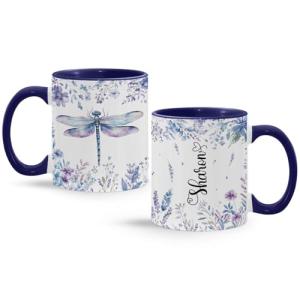 Custom Name Dragonfly Coffee Mug, Customized Animal Themed Accent Cup, Personalized Lavender Floral Full Wrap Mug, Dragonfly With Flower Ceramic Cup 11oz 15oz, Gift For Girls, 1pcs