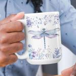 Custom Name Dragonfly Coffee Mug, Customized Animal Themed Accent Cup, Personalized Lavender Floral Full Wrap Mug, Dragonfly With Flower Ceramic Cup 11oz 15oz, Gift For Girls, 1pcs