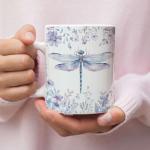 Custom Name Dragonfly Coffee Mug, Customized Animal Themed Accent Cup, Personalized Lavender Floral Full Wrap Mug, Dragonfly With Flower Ceramic Cup 11oz 15oz, Gift For Girls, 1pcs