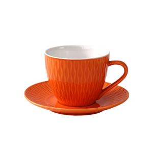 WAIT FLY Retro Embossed Ceramic Coffee Mug Set with Saucer, Tea Cup, Breakfast cup, Dessert Plate-Orange-3 OZ