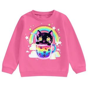 Girls Fall Pullover Hoodies Long Sleeve Sweatshirt Black Cat Bubble Tea Cup Hot Pink Trendy Kids Daily Attire