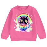 Girls Fall Pullover Hoodies Long Sleeve Sweatshirt Black Cat Bubble Tea Cup Hot Pink Trendy Kids Daily Attire