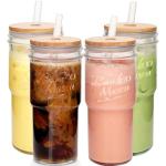 ANOTION Glass Cups with Lids and Straws 4 Packs, 24oz Travel Coffee Mug Bamboo Mason Jar Valentines Party Drinking Jars Glasses Cute Clear Glass Tumbler for Iced Coffee, Smoothie, Tea, Water