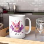 Adorable Bat Lover Coffee Mug, Personalized Name Bat Design Cup, Animal Themed Accent Mug 11oz 15oz, Customized Bat Ceramic Cup, Custom Animal Mug For Kids, Whimsical Bat Illustration Cup