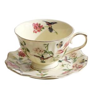 fanquare Vintage Spring Style Tea Cup and Saucer Set, 8 oz Porcelain Coffee Cup with Gold Trim, Flower and Bird Teacups for Women and Tea Parties