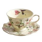 fanquare Vintage Spring Style Tea Cup and Saucer Set, 8 oz Porcelain Coffee Cup with Gold Trim, Flower and Bird Teacups for Women and Tea Parties
