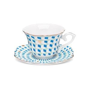 fanquare 6 oz Modern Tea Cup and Saucer Set with Spoon, Blue and White Geometric Pattern Porcelain Coffee Cup, Classic Teacup for Women Tea Party