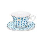 fanquare 6 oz Modern Tea Cup and Saucer Set with Spoon, Blue and White Geometric Pattern Porcelain Coffee Cup, Classic Teacup for Women Tea Party