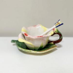 Minigift Ceramic Tea Cup and Saucer Set ，6OZ 3D Hand-Painted Flower and Lotus Leaf Coffee Mug，Gift for Women- Champagne Rose