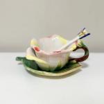 Minigift Ceramic Tea Cup and Saucer Set ，6OZ 3D Hand-Painted Flower and Lotus Leaf Coffee Mug，Gift for Women- Champagne Rose