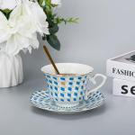 fanquare 6 oz Modern Tea Cup and Saucer Set with Spoon, Blue and White Geometric Pattern Porcelain Coffee Cup, Classic Teacup for Women Tea Party