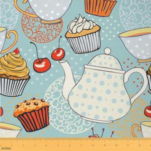 Feelyou Afternoon Tea Upholstery Fabric by The Yard, Vintage Style Tea Cups Cupcake Reupholstery Fabric for Chairs, Retro Geometric Decorative Waterproof Outdoor Fabric, 2 Yards, Blue Gray