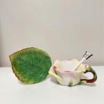 Minigift Ceramic Tea Cup and Saucer Set ，6OZ 3D Hand-Painted Flower and Lotus Leaf Coffee Mug，Gift for Women- Champagne Rose