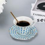 fanquare 6 oz Modern Tea Cup and Saucer Set with Spoon, Blue and White Geometric Pattern Porcelain Coffee Cup, Classic Teacup for Women Tea Party