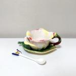 Minigift Ceramic Tea Cup and Saucer Set ，6OZ 3D Hand-Painted Flower and Lotus Leaf Coffee Mug，Gift for Women- Champagne Rose
