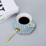fanquare 6 oz Modern Tea Cup and Saucer Set with Spoon, Blue and White Geometric Pattern Porcelain Coffee Cup, Classic Teacup for Women Tea Party