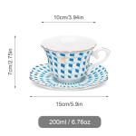 fanquare 6 oz Modern Tea Cup and Saucer Set with Spoon, Blue and White Geometric Pattern Porcelain Coffee Cup, Classic Teacup for Women Tea Party