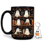 Hyturtle Cute Ghost Read Book Mug - Black Coffee Cup Ceramic Mug 15 Oz And Keychain - Book Gifts For Women Lover - Bookish Gift For Bookworm Librarian - Inspirational Librarian Present For Halloween