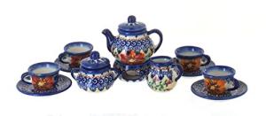 Blue Rose Polish Pottery - Orange Autumn Burst Miniature Tea Set - 1 Set - Polish Pottery Collectible Tea Set with Teapot & Cups, Decorative Gift