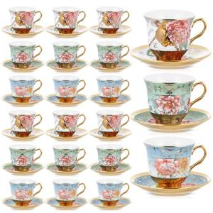 Teenyyou Set of 18 Tea Cups and Saucers Tea Party Decorations Floral Porcelain 5.4 oz British Gift for Women Birthday Party, Church, and Mother's Day (Classic Style)
