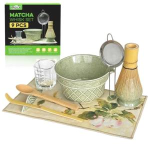 Matcha Whisk Set,9 Pcs Matcha Set with Matcha Bowl,Spout, Bamboo Whisk, Spoon Stand, Scoop, Sifter, Towel, Teaspoon and Glass Measuring Cup for Making Breakfast/Latte, Gift for Matcha Lover,Green
