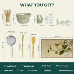 Matcha Whisk Set,9 Pcs Matcha Set with Matcha Bowl,Spout, Bamboo Whisk, Spoon Stand, Scoop, Sifter, Towel, Teaspoon and Glass Measuring Cup for Making Breakfast/Latte, Gift for Matcha Lover,Green