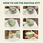 Matcha Whisk Set,9 Pcs Matcha Set with Matcha Bowl,Spout, Bamboo Whisk, Spoon Stand, Scoop, Sifter, Towel, Teaspoon and Glass Measuring Cup for Making Breakfast/Latte, Gift for Matcha Lover,Green
