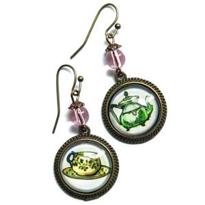 Green Teapot and Teacup Dangle Earrings