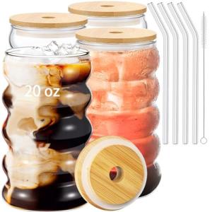 Cute Bamboo Lid Glass Tumblers with Straws Set