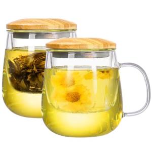 Large Glass Tea Cups with Bamboo Lids and Infusers