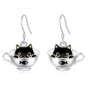 Sterling Silver Cat Teacup Earrings for Cat Lovers