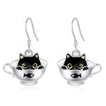 Sterling Silver Cat Teacup Earrings for Cat Lovers
