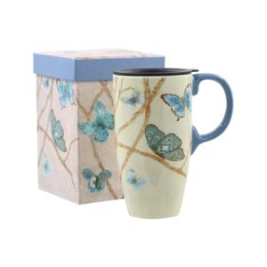 Blue Ceramic Coffee Mug with Lid, 17oz