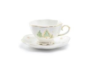 Christmas Pine Trees Porcelain Tea Cup and Saucer Set