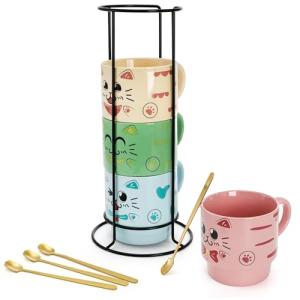 4 Stackable Cat Mugs with Stand and Spoon