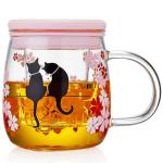 Unbreakable- Glass Tea Cup with Infuser & Lid – 16oz Borosilicate Mug with Cat & Cherry Blossom Design, Heat-Resistant Infuser Mug for Loose Leaf Tea, Microwave & Dishwasher Safe