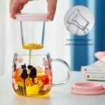 Unbreakable- Glass Tea Cup with Infuser & Lid – 16oz Borosilicate Mug with Cat & Cherry Blossom Design, Heat-Resistant Infuser Mug for Loose Leaf Tea, Microwave & Dishwasher Safe