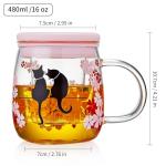 Unbreakable- Glass Tea Cup with Infuser & Lid – 16oz Borosilicate Mug with Cat & Cherry Blossom Design, Heat-Resistant Infuser Mug for Loose Leaf Tea, Microwave & Dishwasher Safe