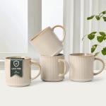 MONITO 16Oz Coffee Mugs Set of 4, Rustic Ceramic Coffee Cups Set with Large Handle, Vintage Striped Stoneware Coffee Mugs for Latte, Cocoa, Tea, Milk, Microwave & Dishwasher Safe, Bonbon Beige