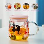 Unbreakable- Glass Tea Cup with Infuser & Lid – 16oz Borosilicate Mug with Cat & Cherry Blossom Design, Heat-Resistant Infuser Mug for Loose Leaf Tea, Microwave & Dishwasher Safe