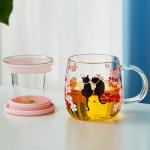 Unbreakable- Glass Tea Cup with Infuser & Lid – 16oz Borosilicate Mug with Cat & Cherry Blossom Design, Heat-Resistant Infuser Mug for Loose Leaf Tea, Microwave & Dishwasher Safe