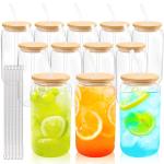 Joyclub 12 Set Glass Cups with Bamboo Lids and Straws 16oz Can Shaped Reusable Iced Coffee Cups with Lids, Drinking Glasses Tumbler with Straw and Lid for Soda Boba Tea Cocktail Whiskey Gift