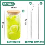Joyclub 12 Set Glass Cups with Bamboo Lids and Straws 16oz Can Shaped Reusable Iced Coffee Cups with Lids, Drinking Glasses Tumbler with Straw and Lid for Soda Boba Tea Cocktail Whiskey Gift