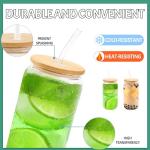 Joyclub 12 Set Glass Cups with Bamboo Lids and Straws 16oz Can Shaped Reusable Iced Coffee Cups with Lids, Drinking Glasses Tumbler with Straw and Lid for Soda Boba Tea Cocktail Whiskey Gift