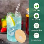 Joyclub 12 Set Glass Cups with Bamboo Lids and Straws 16oz Can Shaped Reusable Iced Coffee Cups with Lids, Drinking Glasses Tumbler with Straw and Lid for Soda Boba Tea Cocktail Whiskey Gift
